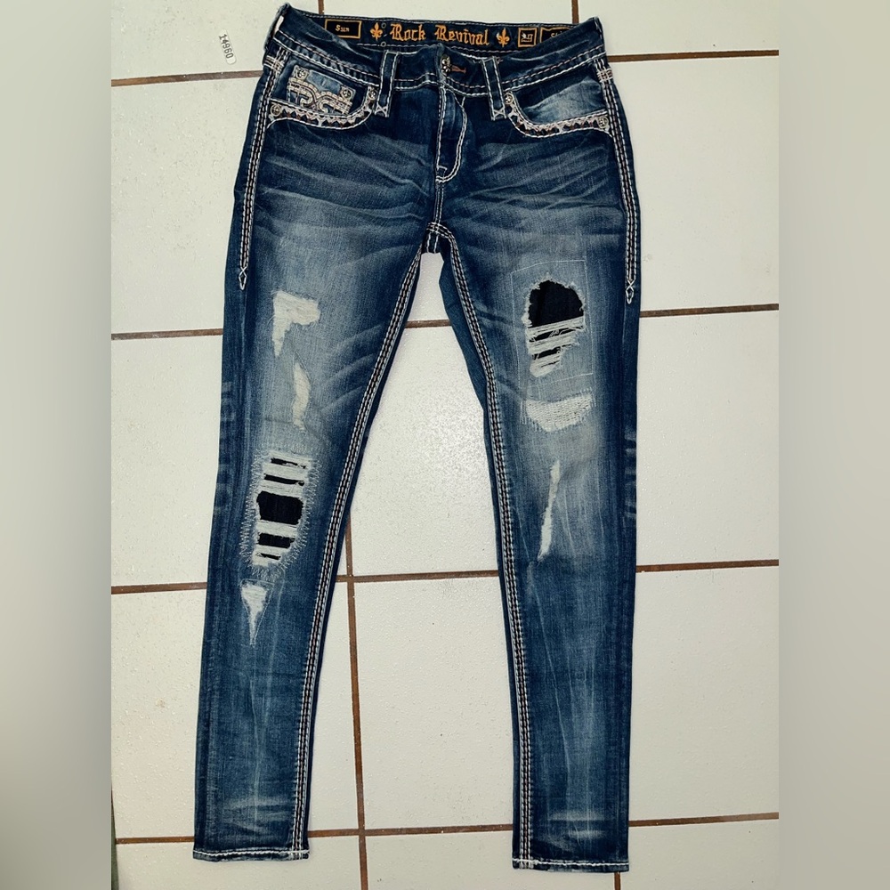 Rock Revival Skinny Jeans Size 29 – Distressed – Thick Stitching